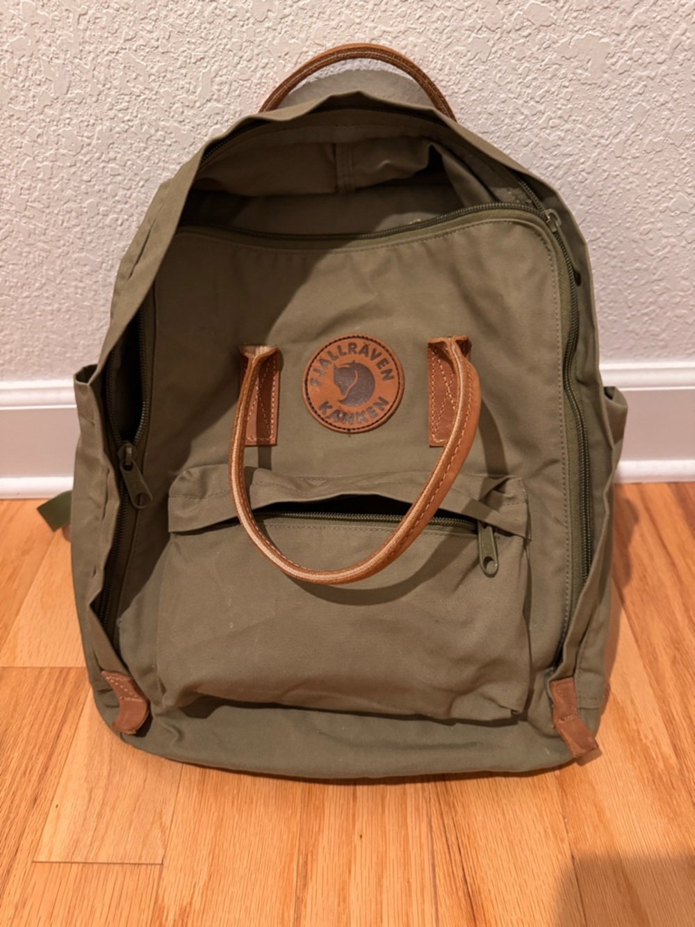 Fjallraven Kanken Backpack in Olive with Chestnut Leather Handles - Picture 2 of 5
